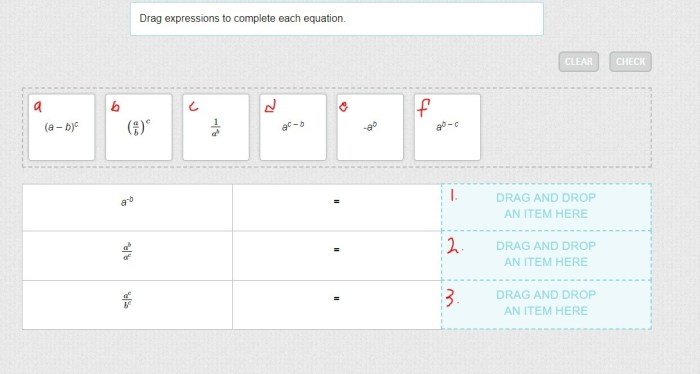 Drag expressions to complete each equation