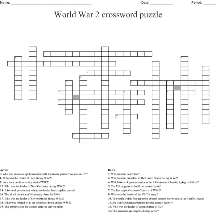 World war i crossword puzzle answers